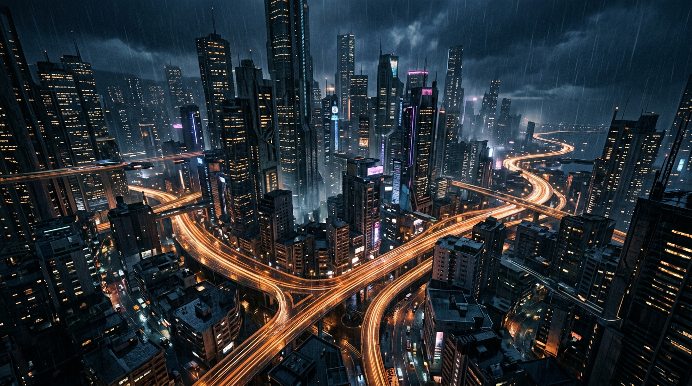 Aerial view of Halcyon's fractured vertical districts at night