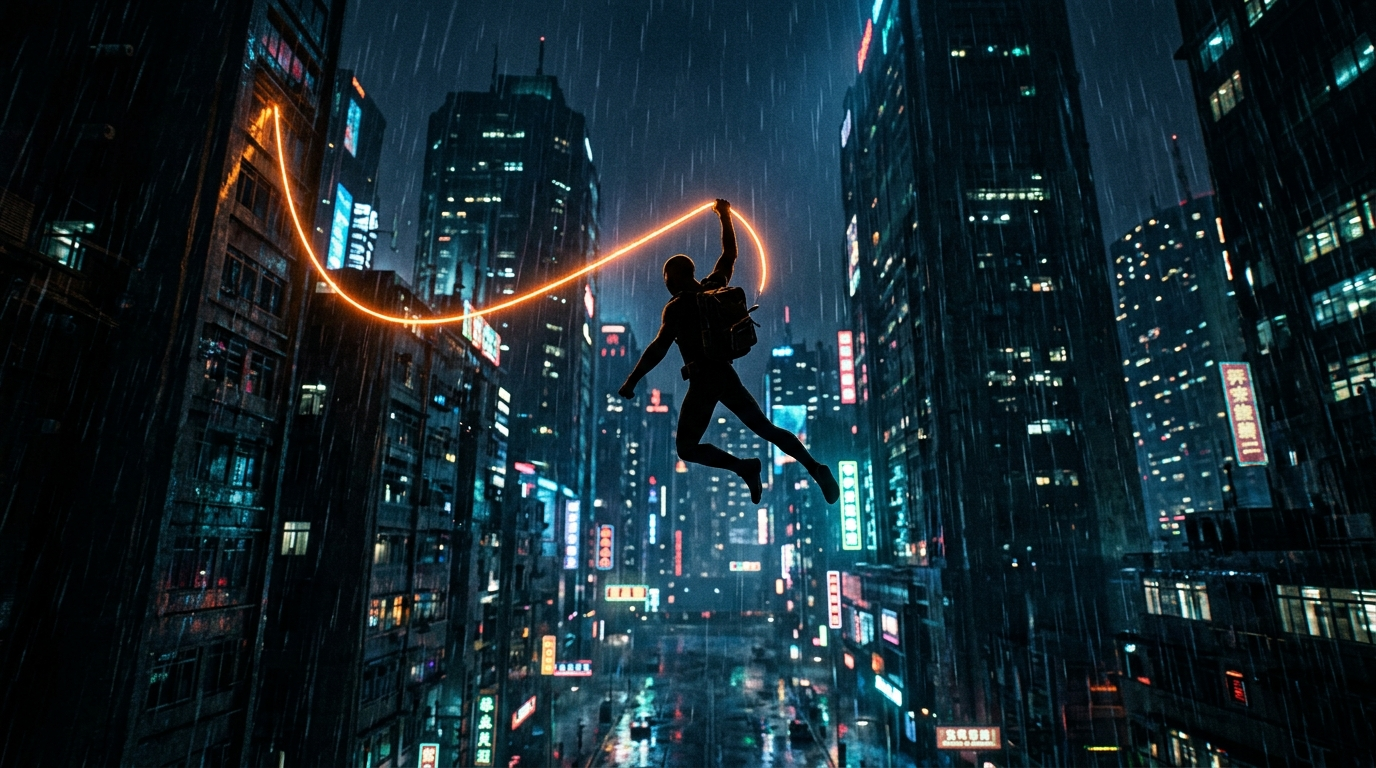 The courier-hero swinging on a grapple line between skyscrapers in the rain