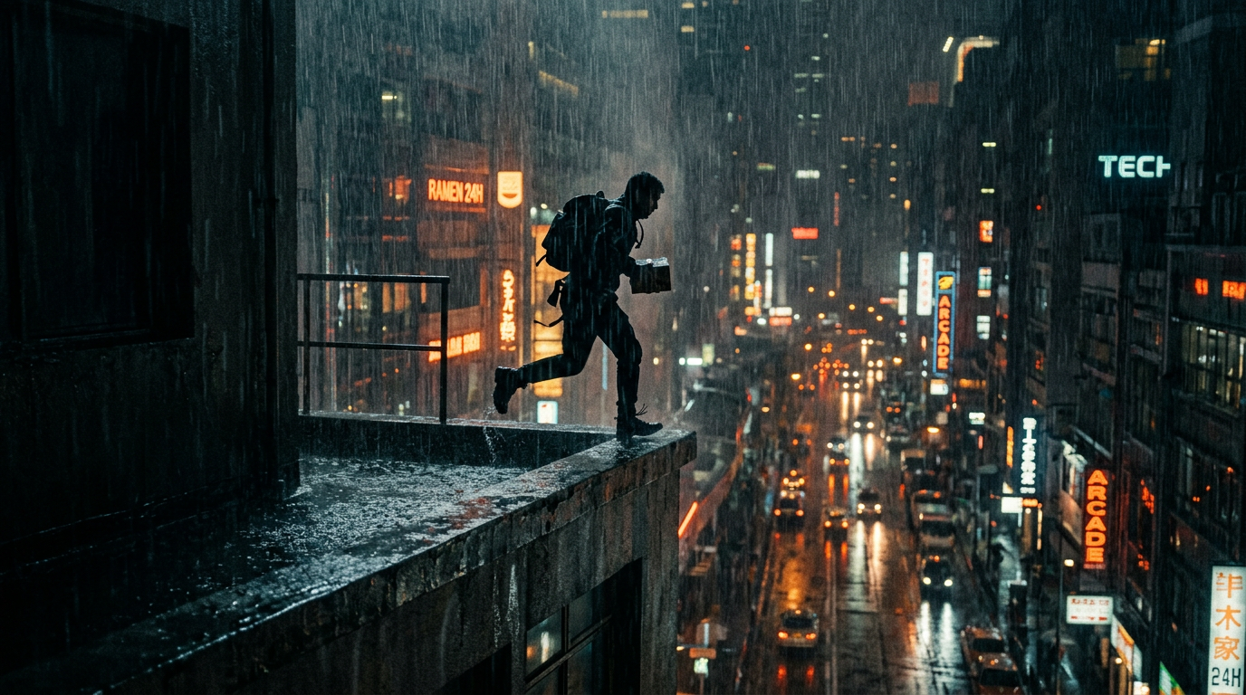 Courier silhouette running on rooftop in rain